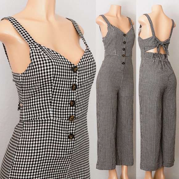 essue Pants - NEW Gingham Plaid Button Front Tie Back Jumpsuits